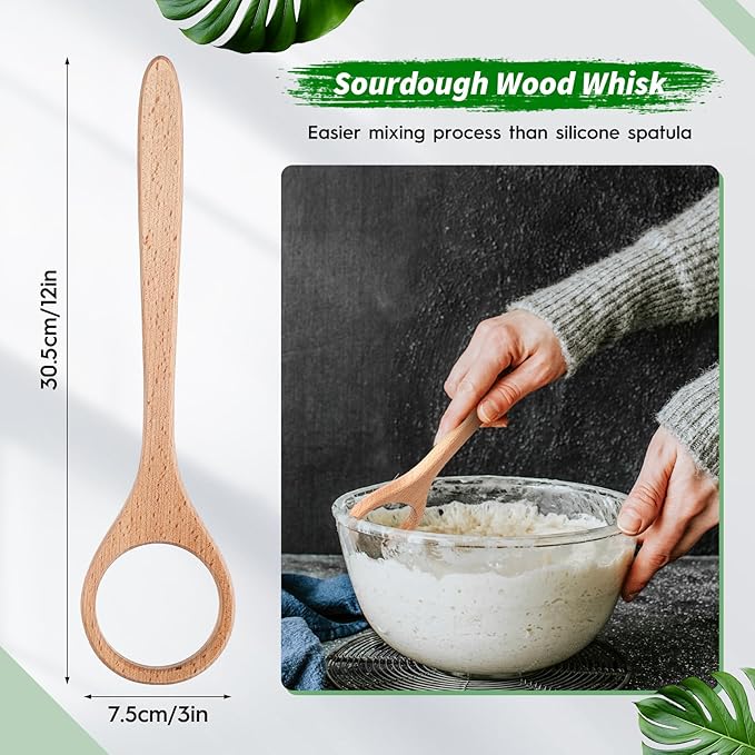 FoldTier 12 Inch Wooden Danish Dough Whisk Sourdough Whisk Dough Mixer Bread - Image 2