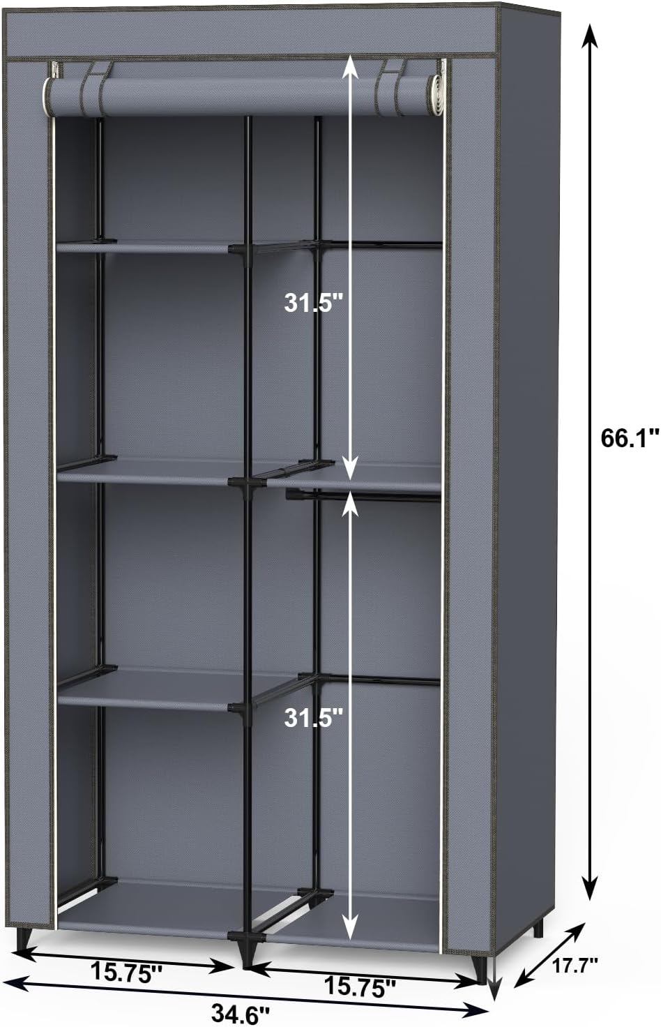 Gray Cover Portable Closet with 6 Shelves & 2 Hanging Rods