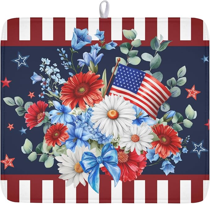 4th of July Dish Drying Mat for Kitchen Counter Patriotic Red Blue and White by Unknown