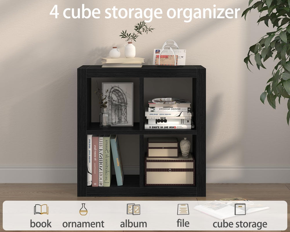 furtble 4-Cube Storage Organizer, Bookshelf with Storage Bin, Modern Wood Ope...