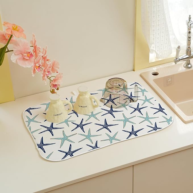 Coastal Dish Drying Mat 18x24 Inch Summer Navy Blue Teal Turquoise Starfish - Image 6