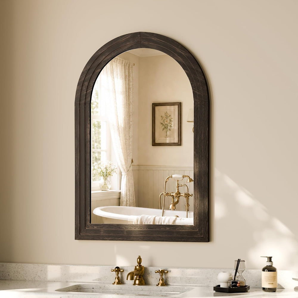 Arched Wall Mirror 24" x 36", Solid Wood Frame Bathroom Mirror, Walnut