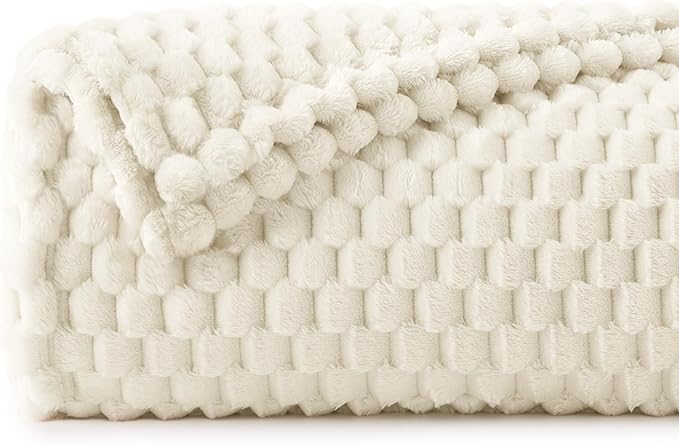 BEDELITE Fleece Blanket Twin for Bed Couch, 3D Jacquard Decorative Cream Throw - Image 2