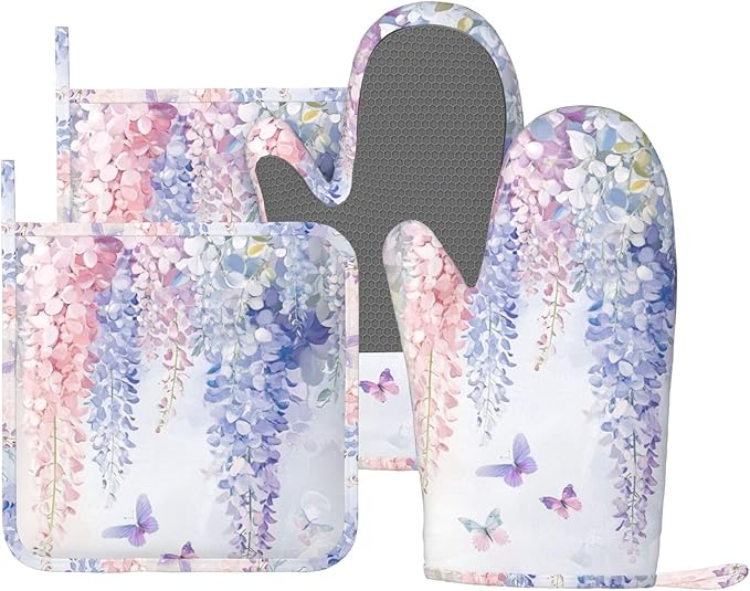 Oven Mitts and Pot Holders Botanical Flower Butterfly Silicone Kitchen by DADABULIU