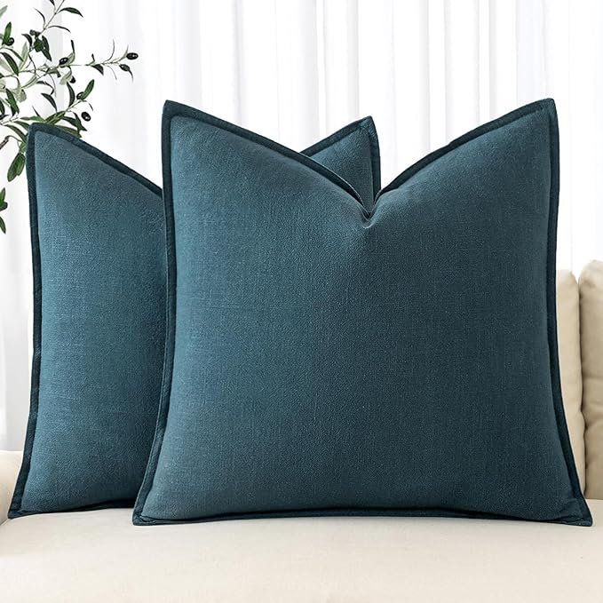 MIULEE Decorative Linen Pillow Covers 16x16 Inch Blue ​Boho Farmhouse​ ​Neutral by MIULEE