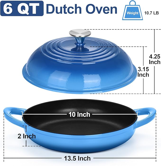 TeamFar Cast Iron Bread Dutch Oven, 6 Qt Enameled Dutch Oven Pot