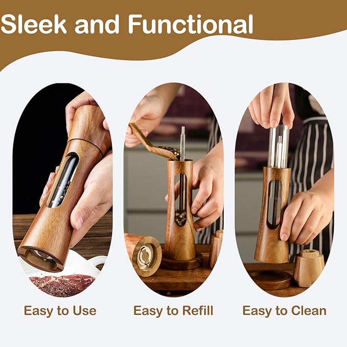 2 Pack Wooden Salt and Pepper Grinder Set — 8 Inch Refillable Salt and Pepper - Image 6