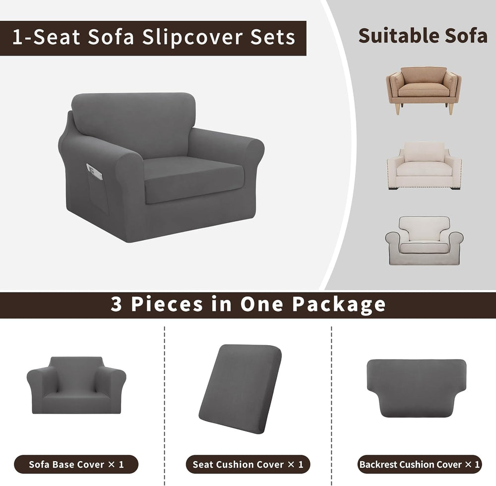 Easy-Going 3 Pieces Stretch Chair Couch Cover, Small, Light Grey
