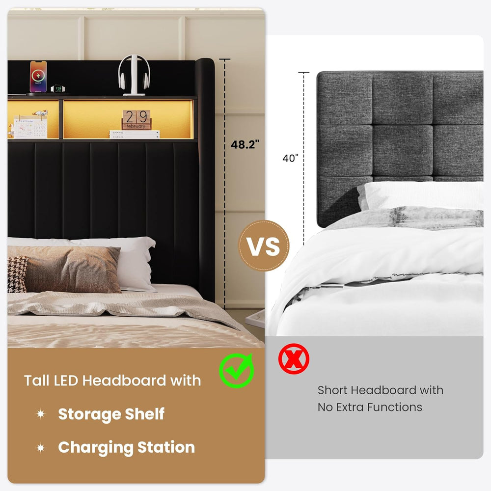 SHA CERLIN Full Size Platform Bed Frame / 2-Tier Storage Shelf/Velvet Wingbac...