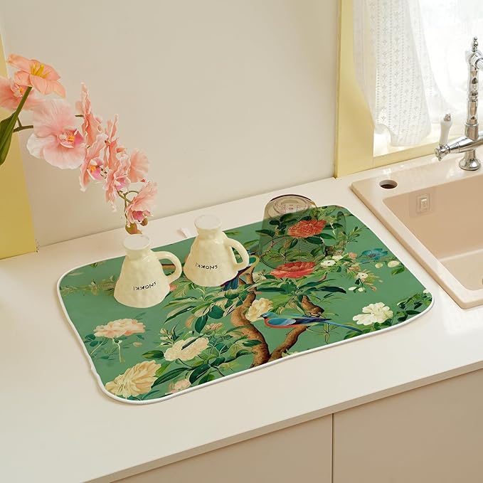 Chinoiserie Dish Drying Mat 18 x 24 Inch Vintage Green Bird Floral Drying Mat - Image 6
