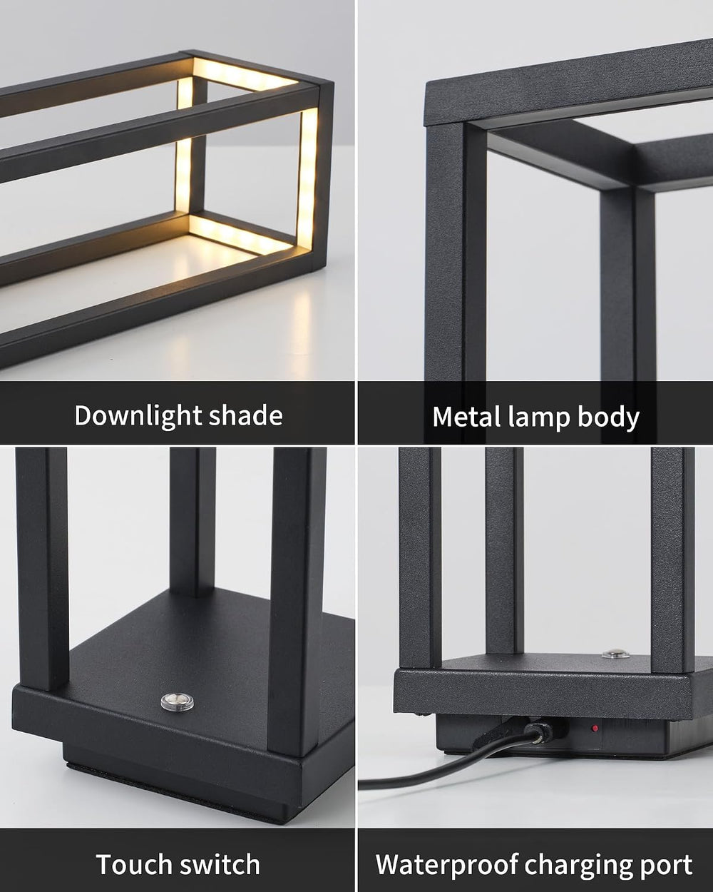 Cordless Waterproof Table Lamps Set of 2, Black LED Outdoor Desk Lamp