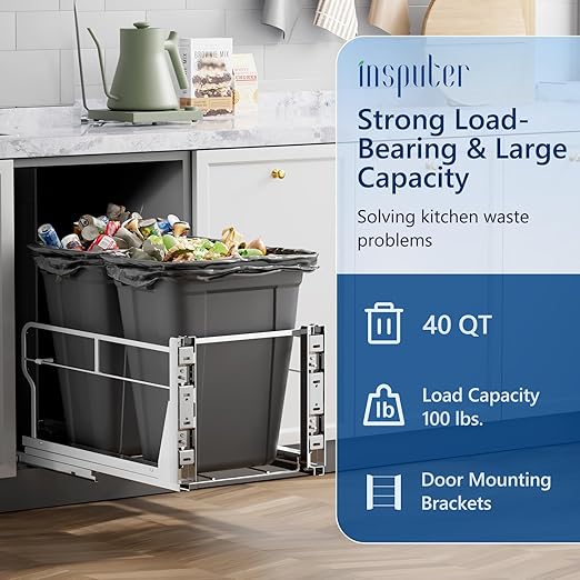 Insputer Double 40QT Pull Out Trash Can Under Cabinet, Heavy Duty Under Sink