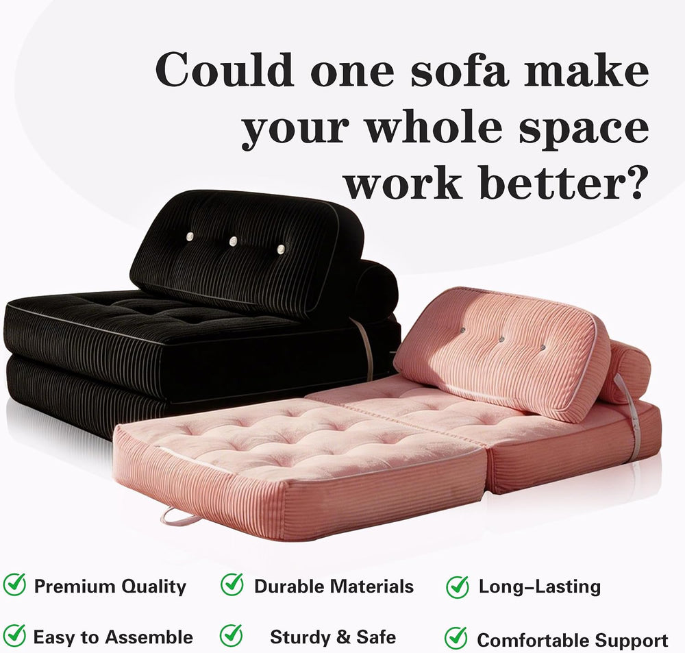 Folding Sofa Bed, Flannel Futon Couch Bed with Pillow and Blanket, Convertibl...