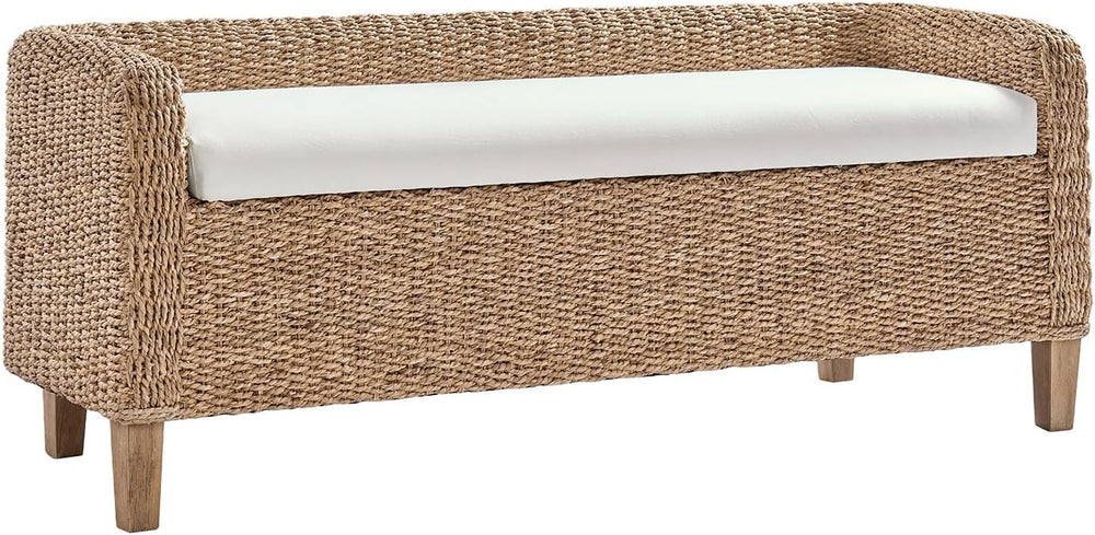HULALA HOME 57" Rattan Storage Bench, Boho Wicker Bedroom Bench, Natural