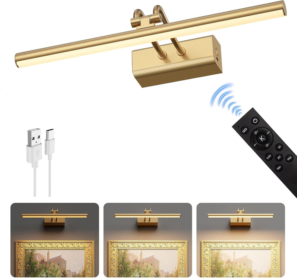 Picture Light for Wall, Gold, RF Remote, USB Charging