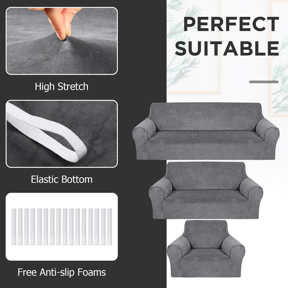 Peryiter 3 Pcs Couch and Loveseat Sofa Covers,Light Gray,Velvet