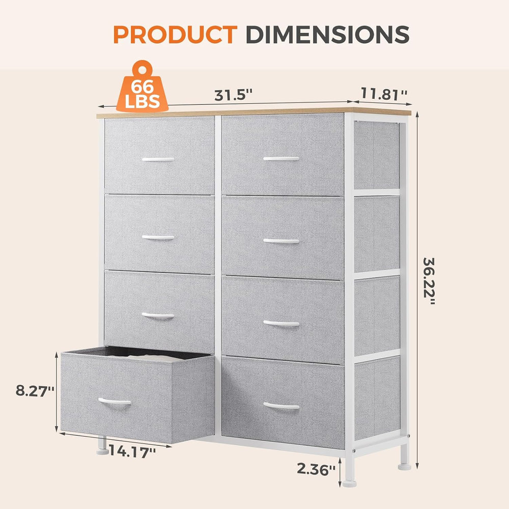 Sweetcrispy 8 Drawer Fabric Dresser for Bedroom, Tall Dresser, Light Grey