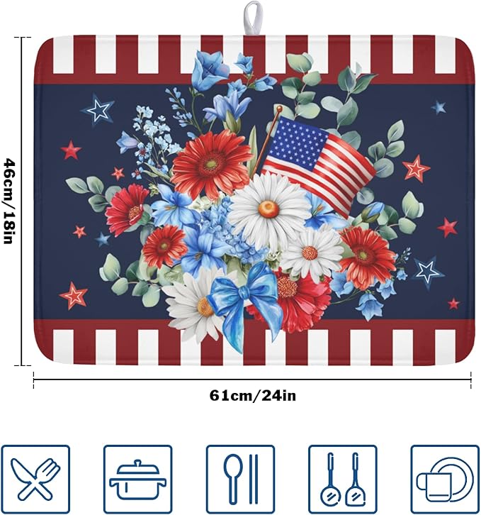 4th of July Dish Drying Mat for Kitchen Counter Patriotic Red Blue and White - Image 2