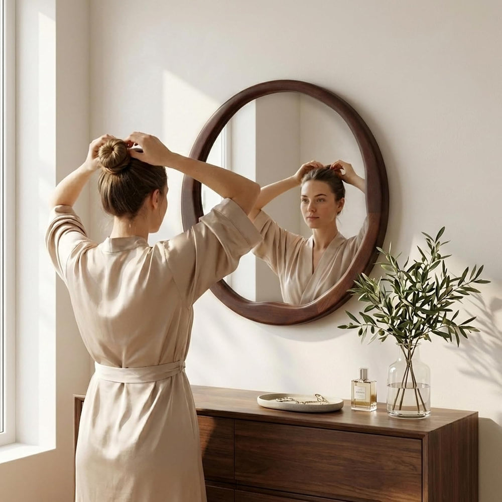 24 Inch Dark Walnut Round Wood Bathroom Mirror, Wavy Inner Edge