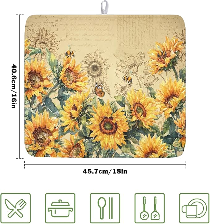 Sunflower Dish Drying Mat for Kitchen Counter Vintage Yellow Sunflowers - Image 2