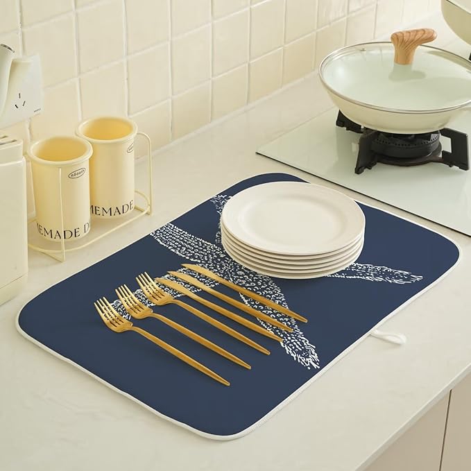 Coastal Beach Dish Drying Mat 18 x 24 inch, Summer Navy Blue Starfish - Image 4