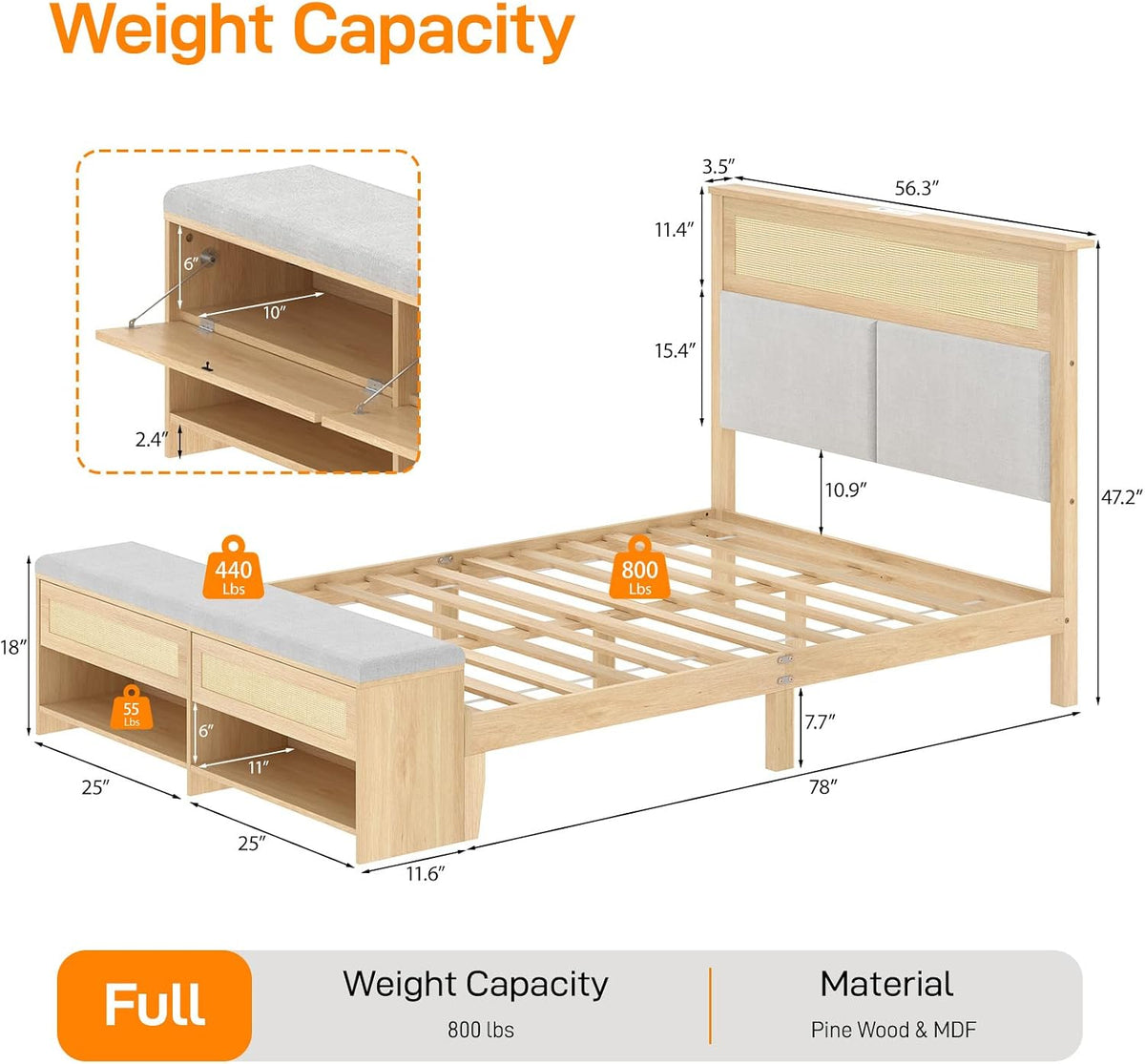 vingli full size rattan bed frame with padded shown in use