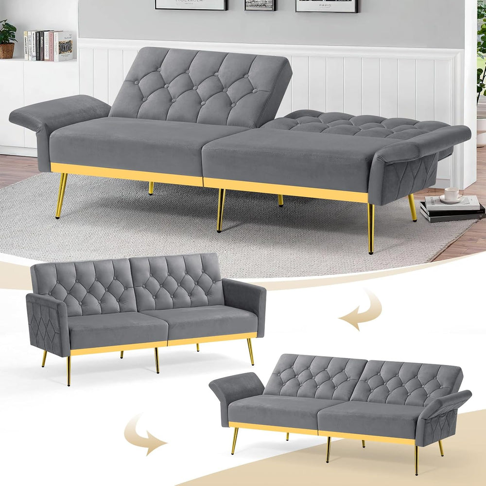 Velvet Sofa Bed w/Adjustable Armrests & Backrests, Grey
