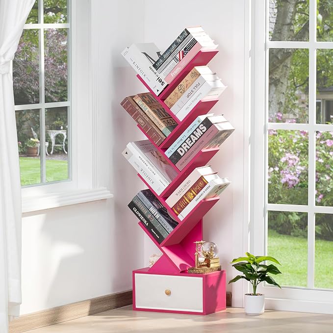 8 Tier Tree Bookshelf with Drawer, Free Standing Wood Bookcase for Narrow Spa...