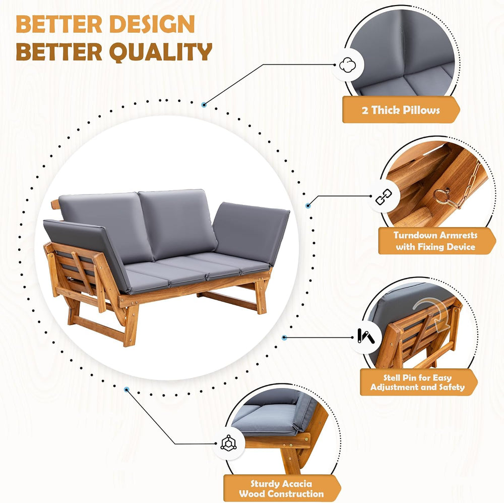 Greesum Patio Convertible Couch Sofa Bed with Adjustable Armrest, Acacia Wood...
