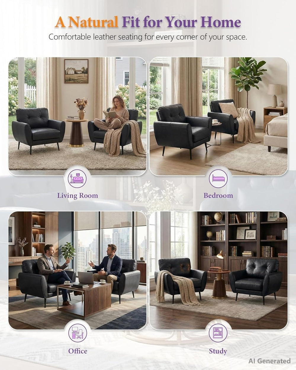 Black Leather Accent Chairs Set of 2, Tufted Reading Chairs for Living Room