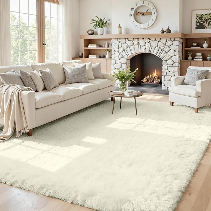 5x7 Area Rugs for Living Room Rug: Soft Fluffy Shag Cream White Rugs for Bedroom by CarpetAddColortoYourLife