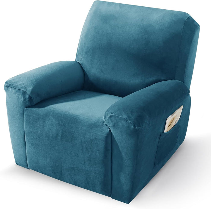 Velvet Oversized Recliner Cover 3-Piece, Luxury Plush Recliner Chair Covers with Elastic Band & Tie Straps Stay in Place, Stretch Reclining Slipcover for Lazy Boy Soft Washable (Peacock Blue)