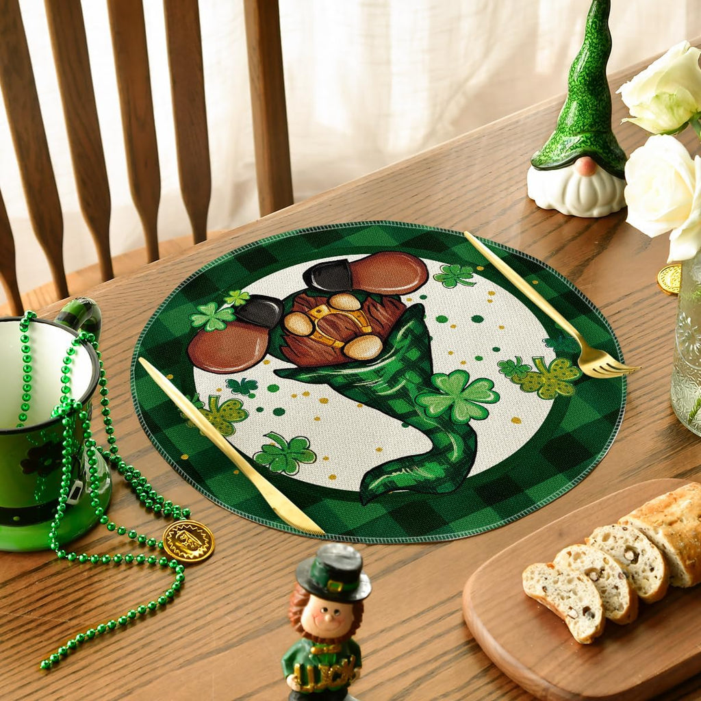 Artoid Mode Green Lucky Gnome St. Patrick's Day Round Placemats Set of 4,14 Inch Seasonal Holiday Farmhouse Table Mats for Party Kitchen Dining Decoration