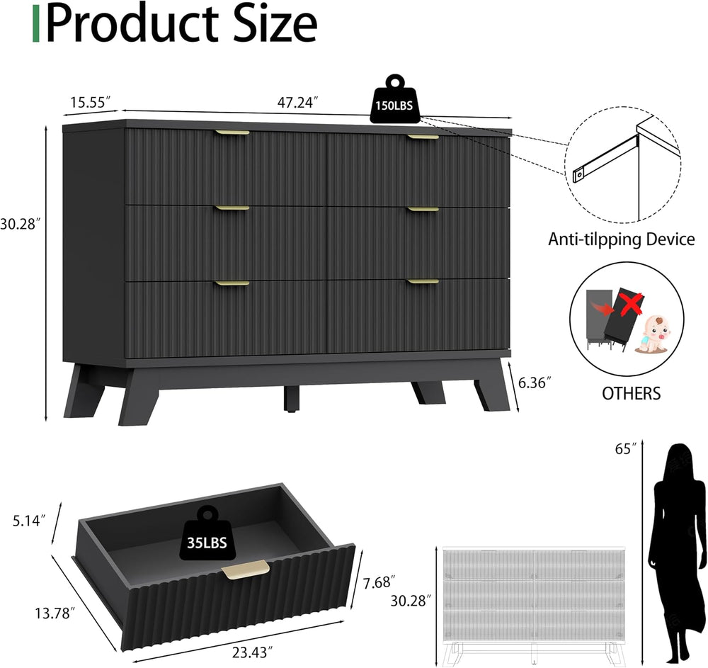 Fluted Dresser for Bedroom with 6 Drawers, 48" Wide Wooden Chest of Draw...