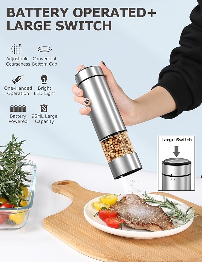 innhom Electric Salt Grinder Pepper Grinder Battery Operated Stainless Steel - Image 3