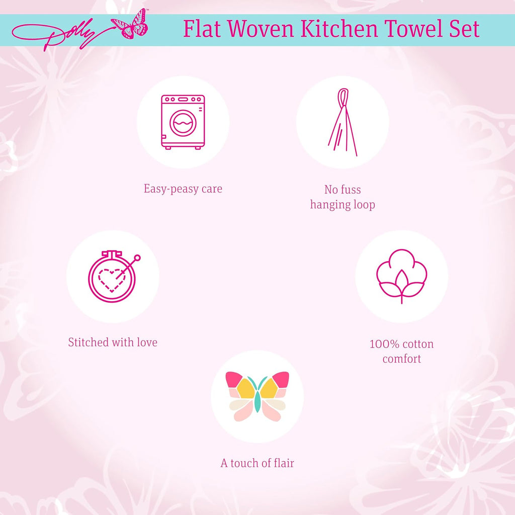 Dolly Parton Days of the Week Kitchen Towel Set - 100% Cotton Soft Durable Dishtowel Décor with Dolly Signature Embroidery, Cute Phrases, and Butterflies for Everyday Use - Butterfly Multi Colored 6pk