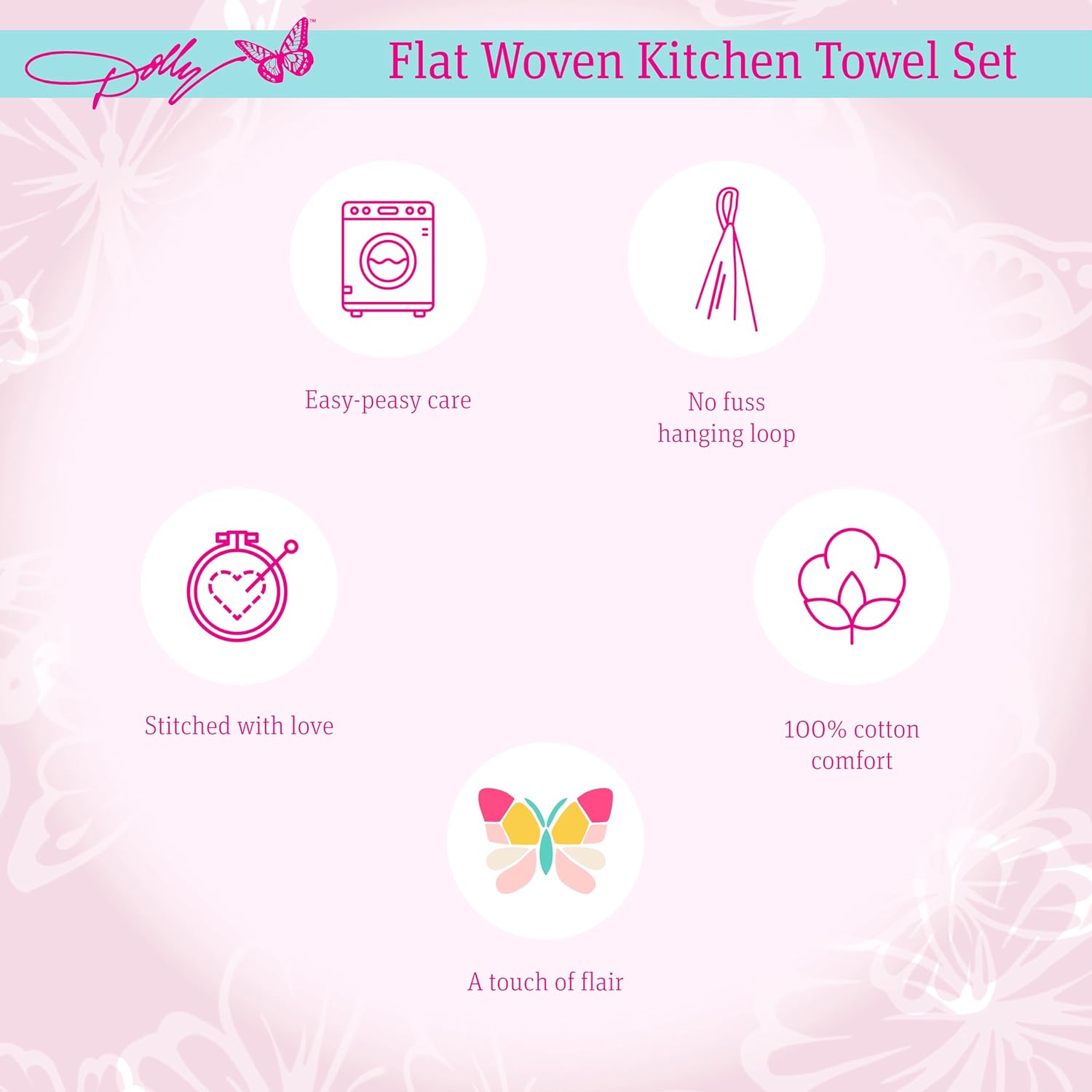 Dolly Parton Days of the Week Kitchen Towel Set - 100% Cotton Soft Durable Dishtowel Décor with Dolly Signature Embroidery, Cute Phrases, and Butterflies for Everyday Use - Butterfly Multi Colored 6pk