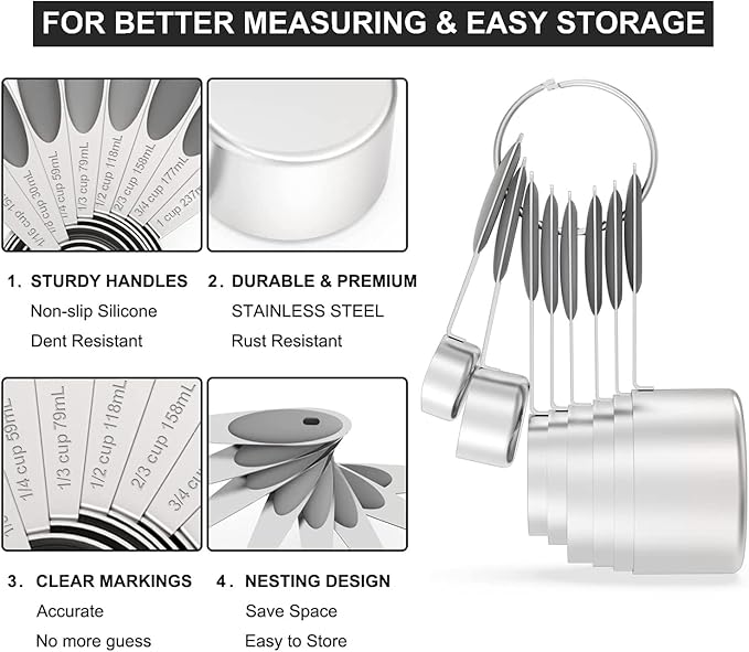 Measuring Cups & Spoons Set of 16, Wildone Stainless Steel Measuring Cups and - Image 3