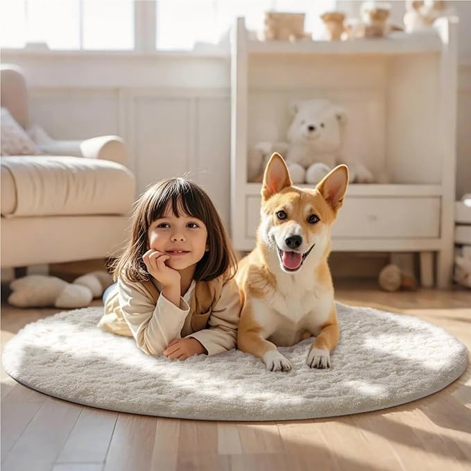 Ophanie Round Rug 3Ft Ivory Circle Area Rugs, Fluffy Fuzzy Small Bedroom Carpet - Image 3