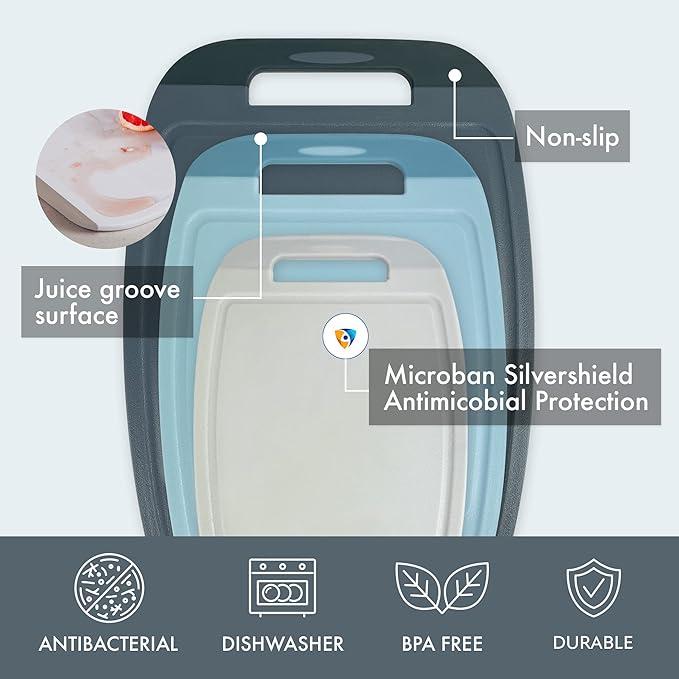 Neoflam Microban Antimicrobial Plastic Cutting Board 3 Sets, BPA Free, Non-Slip