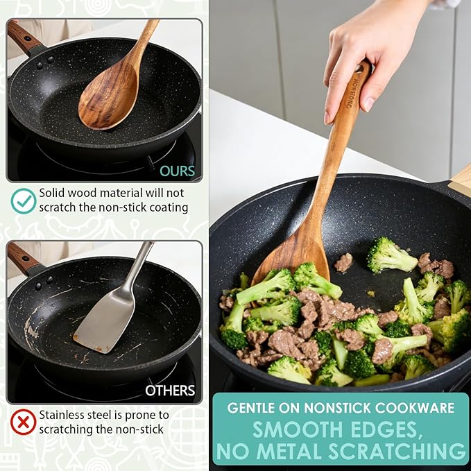 HOWHONG Wooden Cooking Spoon, Long Handle Acacia Wood Spoon - Image 5