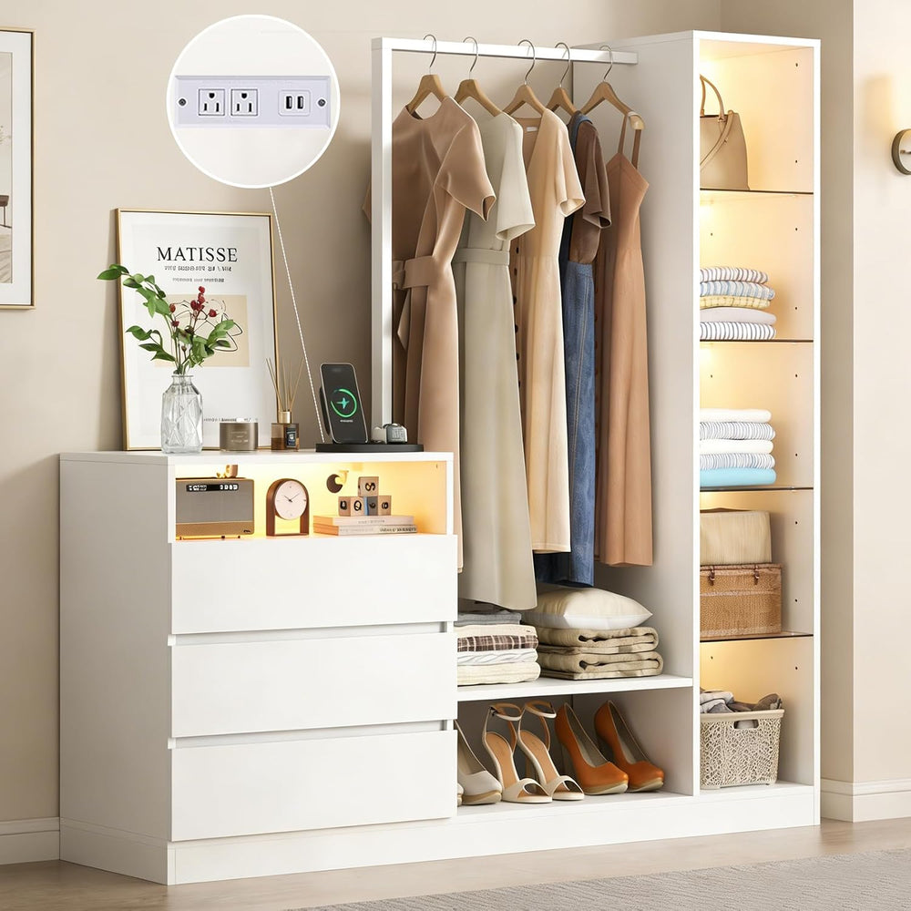 Wardrobe Dresser with Hanging Rack and Drawers, Led Wardrobe Dresser Combo
