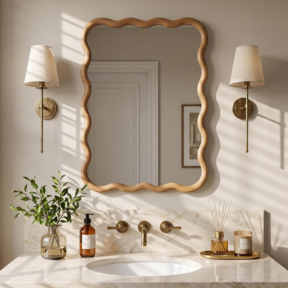 WallBeyond 22"x30" Wavy Wood Mirror, Wood Wall Mount Mirror with De...