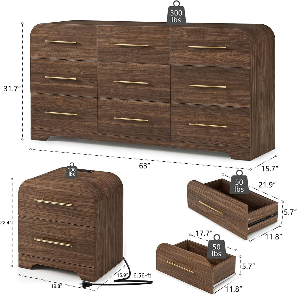 63" Wide 9 Drawer Dresser and Nightstand Set 3 Piece, Walnut