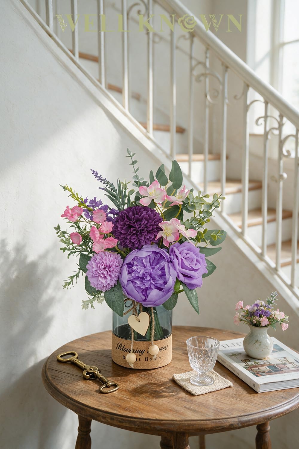 Artificial Purple Flower Arrangement in Glass Vase with Heart Tag