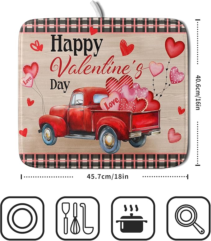 Valentine's Day Truck Dish Drying Mat 16x18 inch Love Heart Washable Absorbent - Image 2