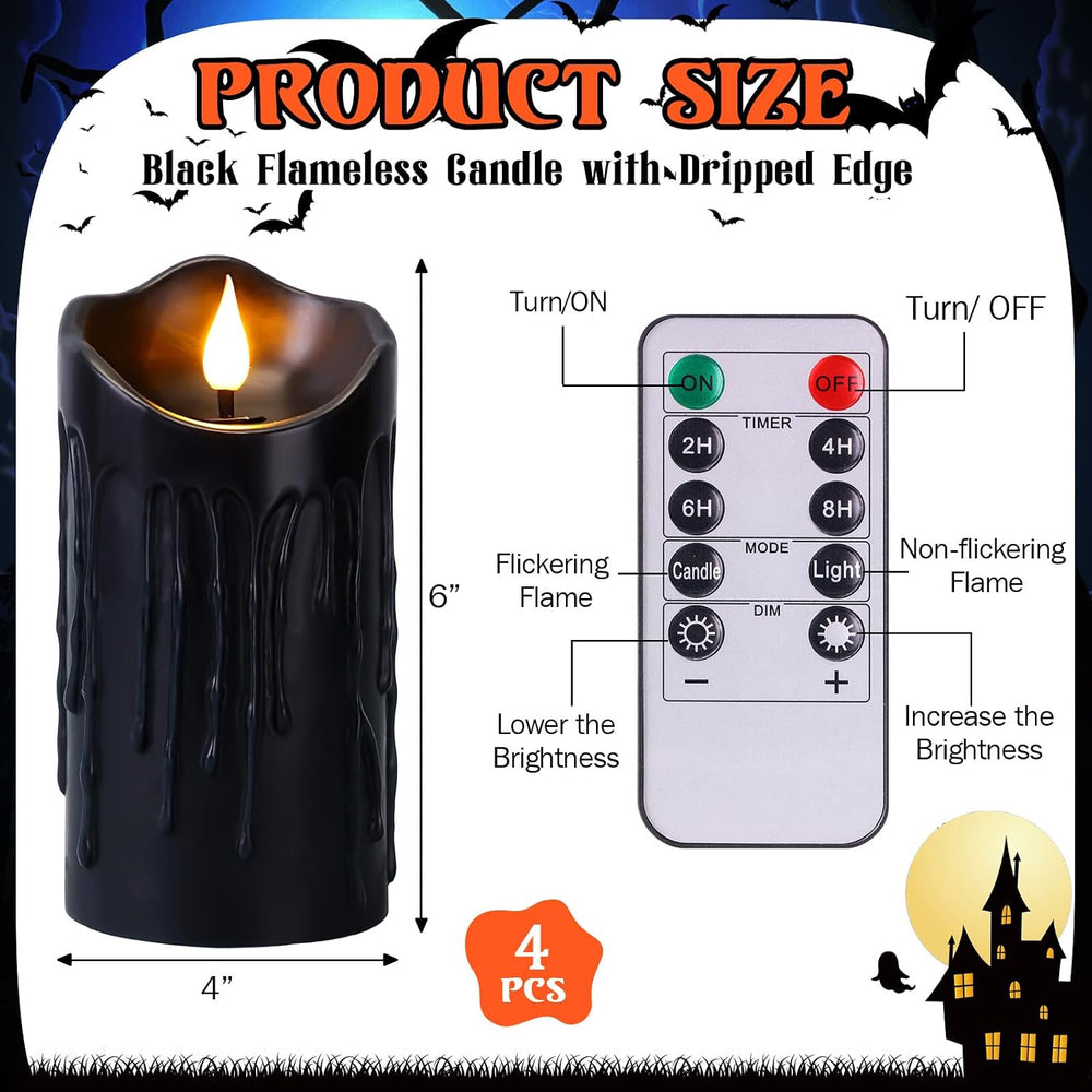 4 Pack Halloween Black Flameless Pillar Candles with Remote, 3 x 6 Inch