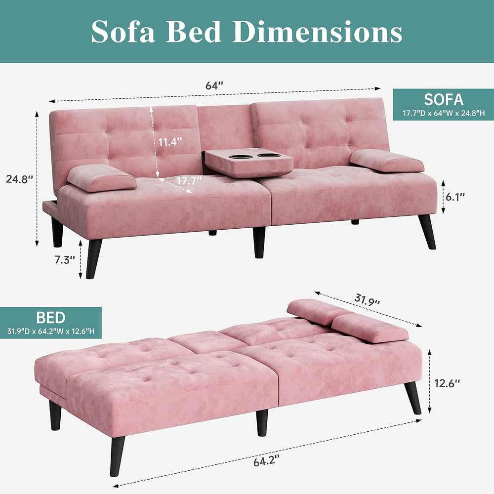 Futon Sofa Bed, 64 in Small Couch with Cup Holders, Pink