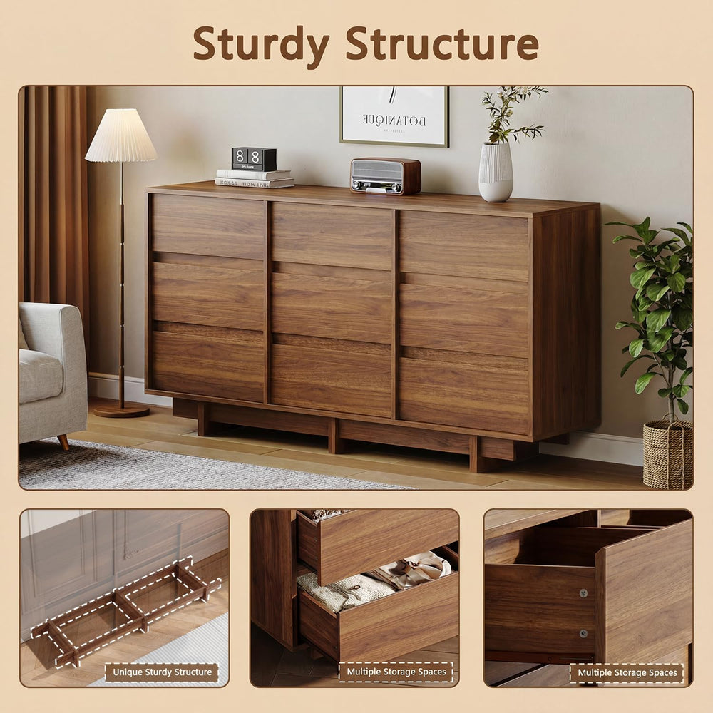 HOUROM 59in 9 Drawer Walnut Dresser for Bedroom, Modern Chest of Drawers