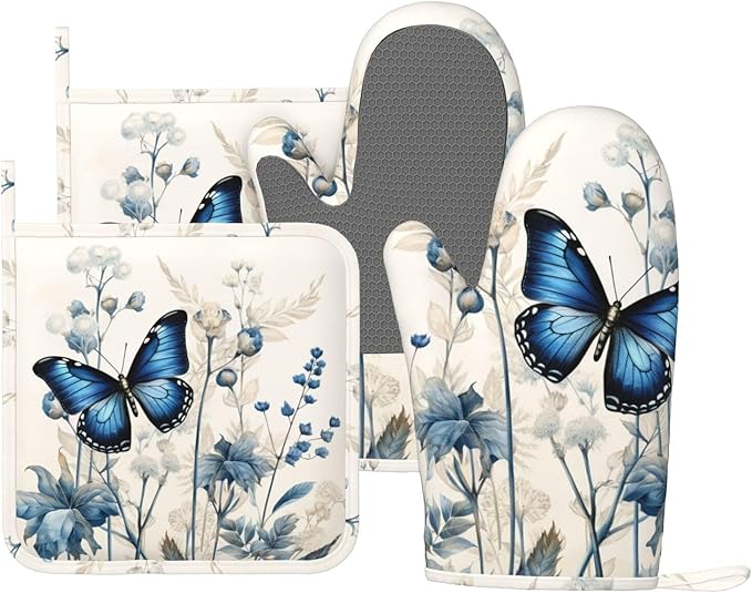 Oven Mitts and Pot Holders Butterfly Blue Flower Boho Silicone Kitchen by DADABULIU